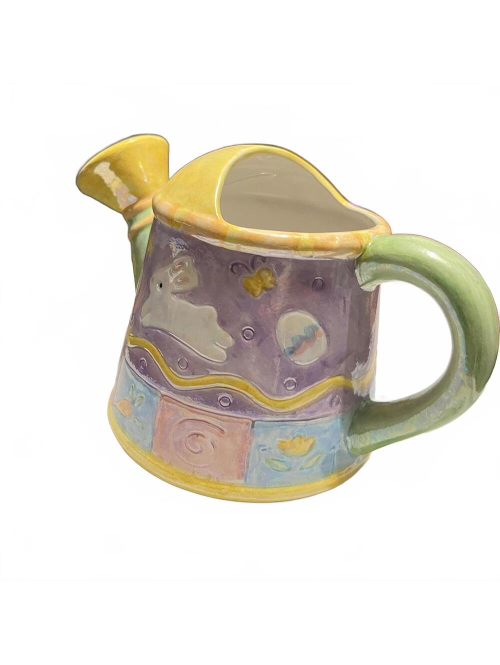 Colorful Ceramic Watering Can with Bunny and Butterfly Design